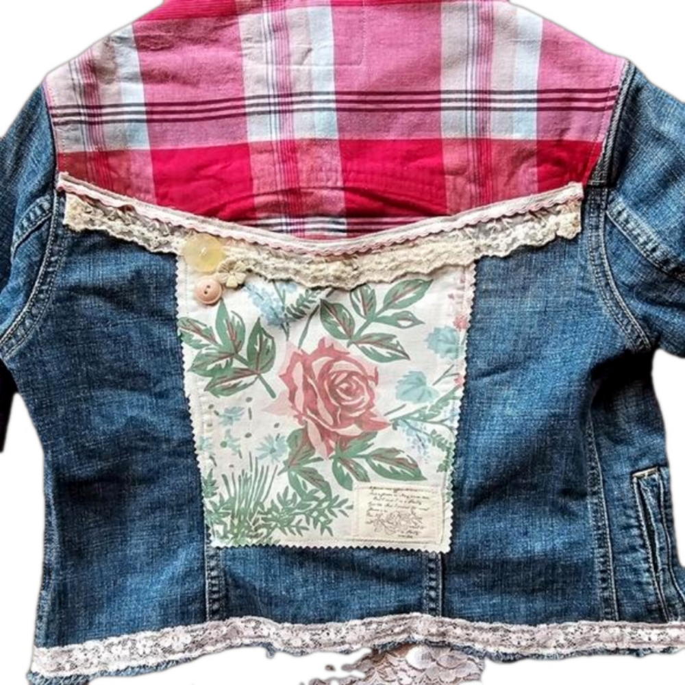 Boho Patchwork Embellished Upcycled Denim Jean jacket Artisan NWT Bohemian - Picture 4 of 9